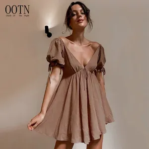 Вечернее Клубное платье OOTN с поясом, Бандажное сексуальное летнее женское платье миди с открытыми плечами, пышными рукавами и V-образным вырезом