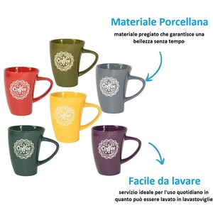 Ensemble de 6 tasses en porcelaine colorées de 350 ml, compatibles micro-ondes et lave-vaisselle, design multicolore - Product Image 4