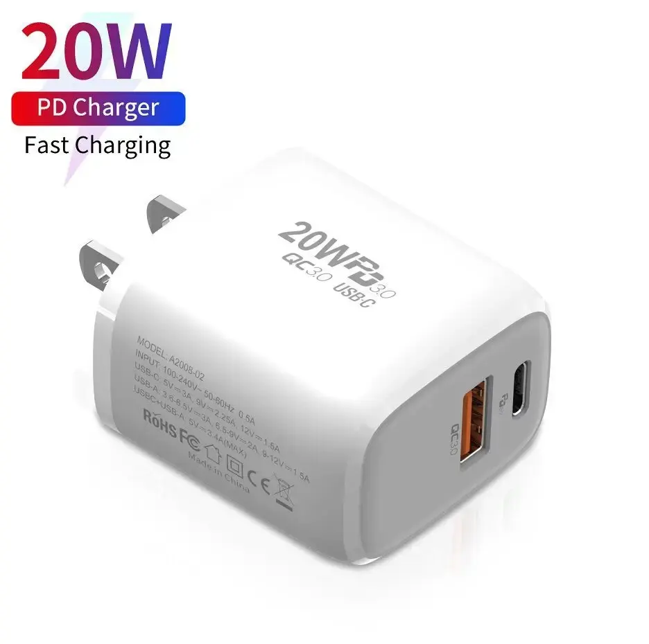 High Quality 20W 2 Port Fast Charger USB Wall Charger Qc 3.0 Pd 20w Usb-c Power Adapters Phone Charger