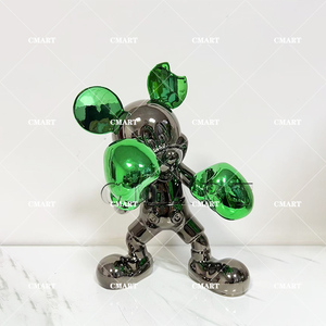 Scultura in Resina a Tema Amore con Topo Pugile, Modello Mickey, in Cromo Oro Nero Rosso, per Arredamento Casa - Product Image 2