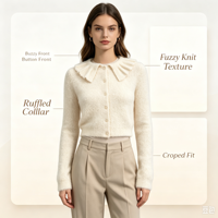 Pull en maille décontracté à manches longues Lolly Undefined, col à volants personnalisé, couleur blanc chaud de haute qualité, OEM & ODM, pour l'hiver