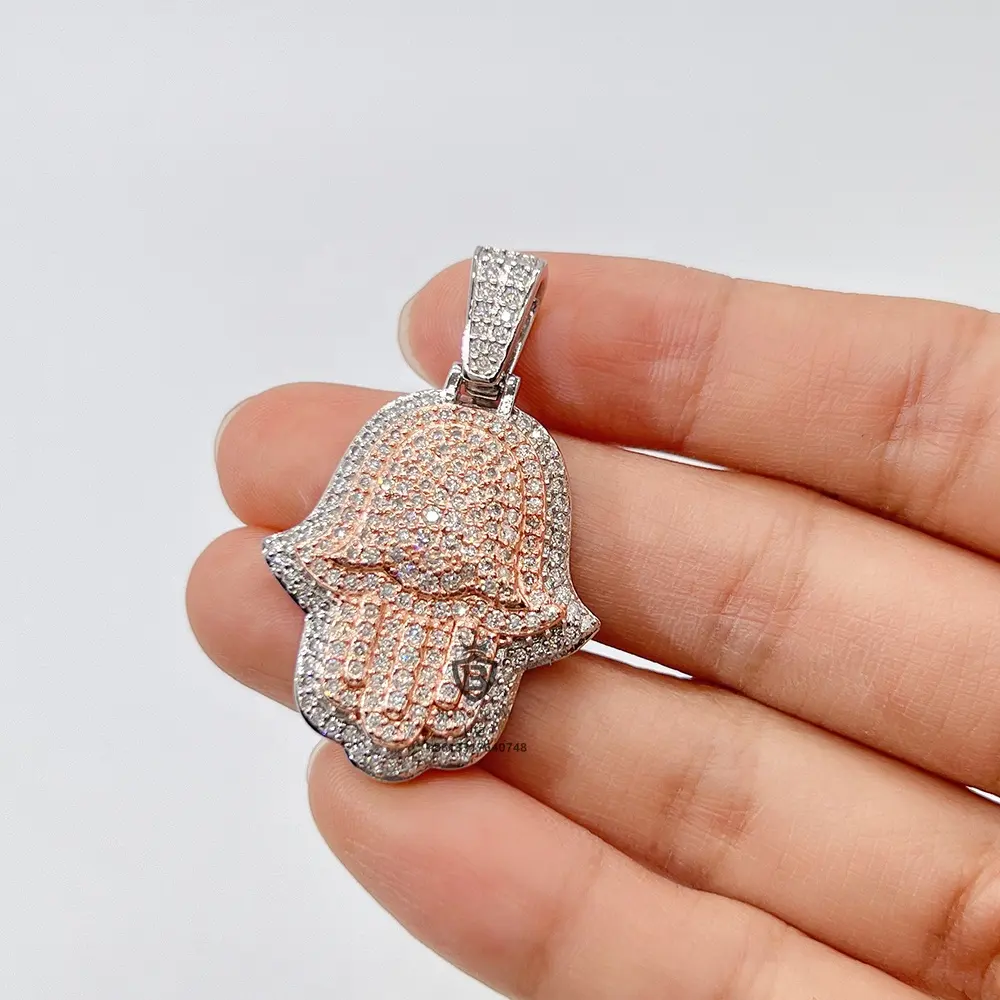 Mode aus Weißgold und Roségold 925 vvs d Moissan ite Diamant Hamsa benutzer definierte HipHop Schmuck Anhänger