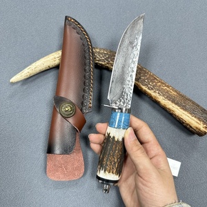 Coltelli a lama fissa con manico a forma di corno 5 "Utility Hunter con guaina in pelle OEM damasco <span class=keywords><strong>coltello</strong></span> <span class=keywords><strong>da</strong></span> caccia al cervo all'aperto - Product Image 1