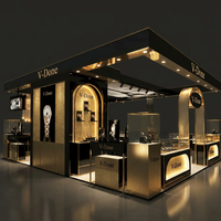 Kiosque de luxe personnalisé pour montres et bijoux, vitrine noire et or avec éclairage LED et présentoir en verre pour centre commercial