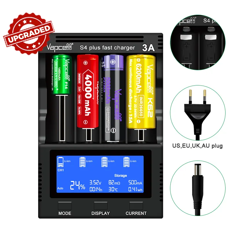 Super Snel Opladen Vapcell S4 Plus Charger Slots 12A Voor Oplaadbare Batterijen