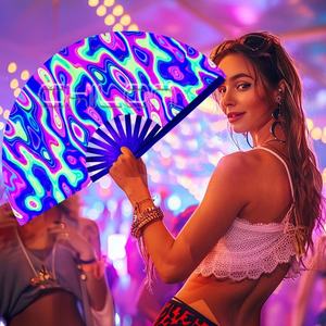 UV Reflective <b>Large</b> Clack Folding Bamboo Rave Decorative Hand Held <b>Fans</b> As Festivals Parties Accessories - Product Image 3