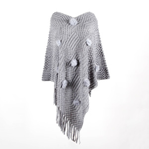 Mantella con <span class=keywords><strong>Frange</strong></span> e Pompon in <span class=keywords><strong>Maglia</strong></span> Morbida per Donna, Poncho Diagonale con Scollo a V, Stile Streetwear - Product Image 5