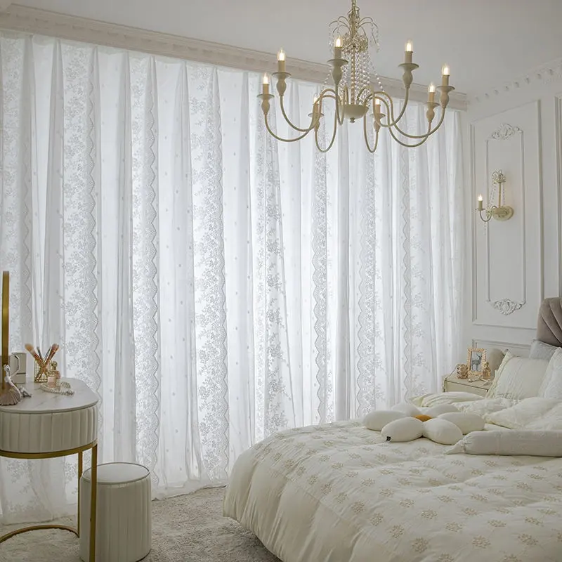 थोक सफेद लाइन वाले पिंच वाले प्लीटेड पर्दे रॉड पॉकेट पर्दे बेडरूम के लिए गोपनीयता डबल पंक्ति सफेद जैक्वार्ड फीता पर्दे