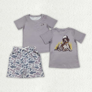 BSSO1900 RTS Boutique Ensemble de vêtements pour bébé garçon gris à imprimé chien rayé, tenues pour enfants, vente en gros, ensemble à manches courtes - Product Image 1