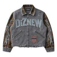 DiZNEW 2026 Veste Homme High Street Gothique avec Logo et Patchwork, en Denim Gris Délavé et Épais, Vêtement d'extérieur Darkwear, OEM