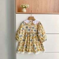 Robe à imprimé floral pour petites filles de 1 à 6 ans, manches longues, col contrasté, ourlet en dentelle, robe de soirée décontractée en coton, nouveaux vêtements pour tout-petits