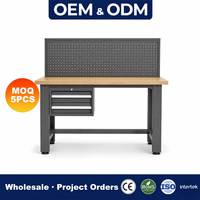Banc de travail de garage en acier robuste avec panneau perforé, trois tiroirs, plateau en bois, table de travail industrielle pour mécanicien, rangement d'outils