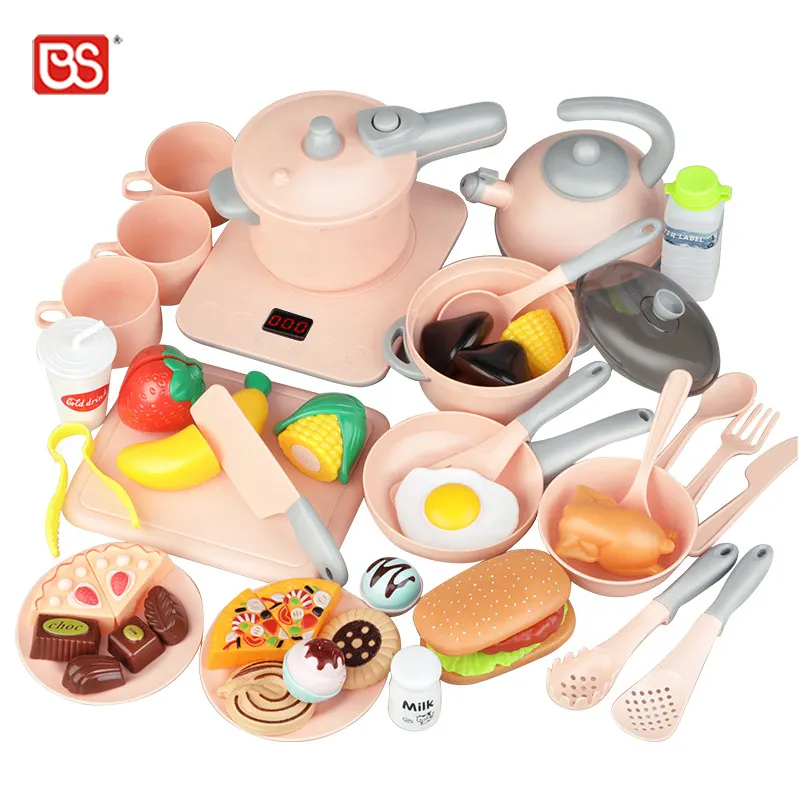BS Toy Happy Real Play Girl Cooking Game 57 PCS Kitchen Cutting Play Food Vegetables Fruits Utensil With Mist Spray Table Set