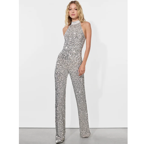 Women's Elegant Sexy Anti-Wrinkle Rhinestone Sequin Stand Collar <b>Jumpsuit</b> Regular Fit Flare-Leg Formal <b>Party</b> Summer Solid Nylon - Product Image 4