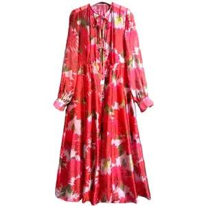 High quality Plus Size Elegant and Pretty Women's Dresses One piece Spring Summer Red Flower Print Long Dresses for Lady Girl