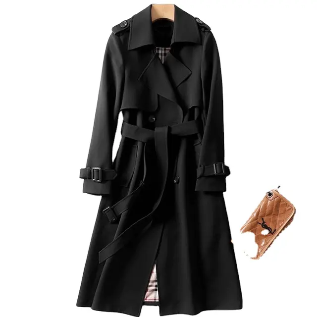 Arrival New type women knee belt lapel canvas plaid lining spring long trench coat shearling coat women