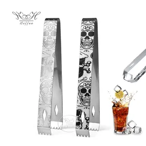 Etching Pirate Theme Stainless Steel Ice Tongs Engraved Pattern Cocktail Ice Cube Tongs Bar Accessories Sugar Food Serving Tong