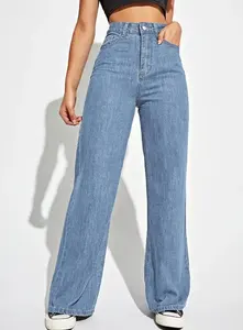 OEM 2023 Jeans en denim décontractés à jambe large, coupe skinny, taille haute, coupe droite, respirants, 100% coton, longueur entière, pantalon pour femmes ODM - Product Image 2