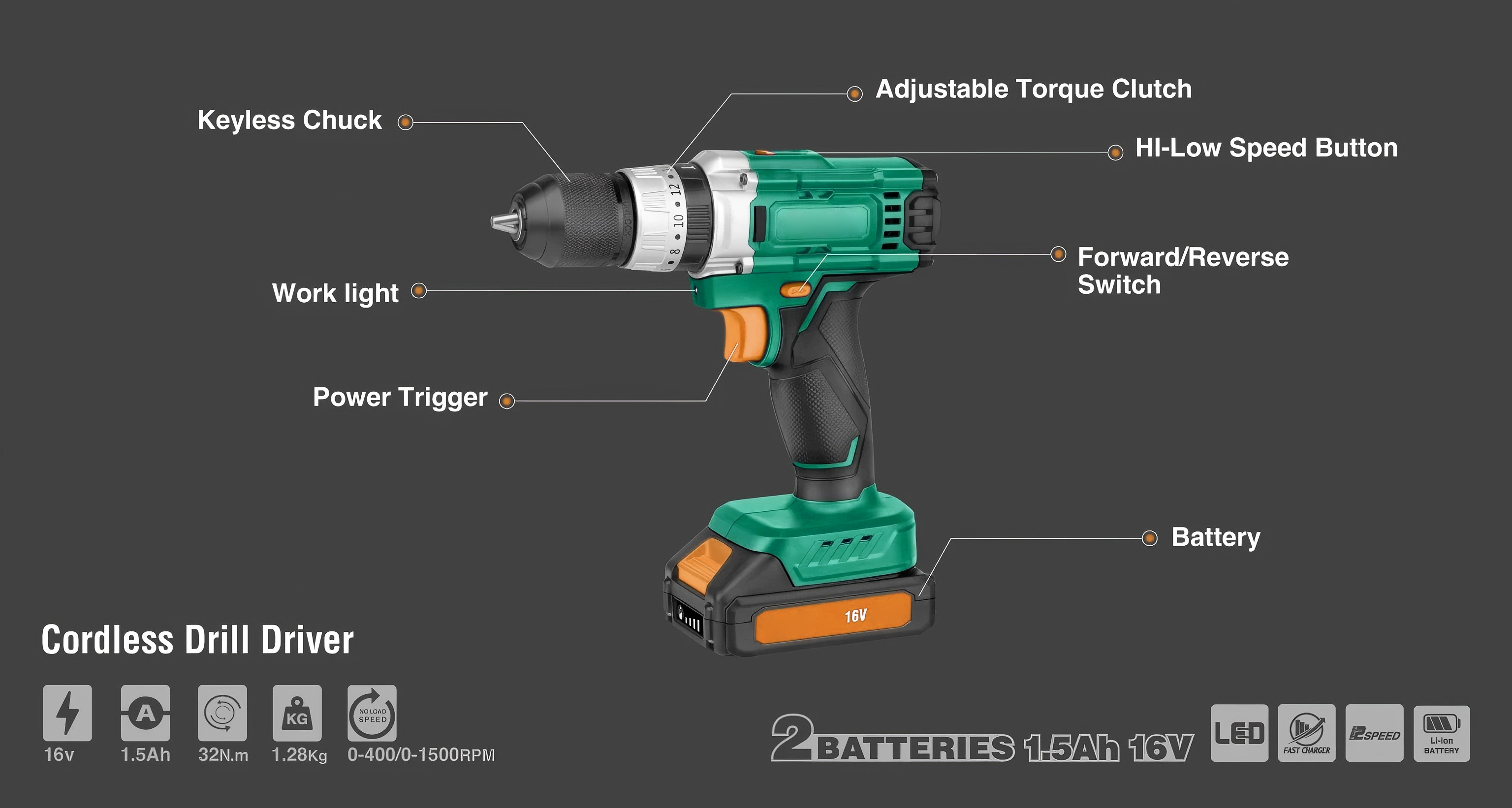 Ronix 8615 Cordless Drill Driver 16V Battery Operated
