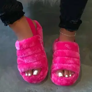 Zapatillas deslizantes planas para mujer, sandalias cálidas sin cordones, zapatos de plataforma de piel sintética esponjosa, venta al por mayor