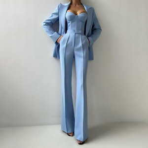Conjunto de Otoño Azul Cielo <span class=keywords><strong>para</strong></span> <span class=keywords><strong>Mujer</strong></span> con Dos Botones, Top sin Tirantes, Chaqueta y Pantalones Casuales de Cintura Alta, Traje de 3 Piezas - Product Image 1