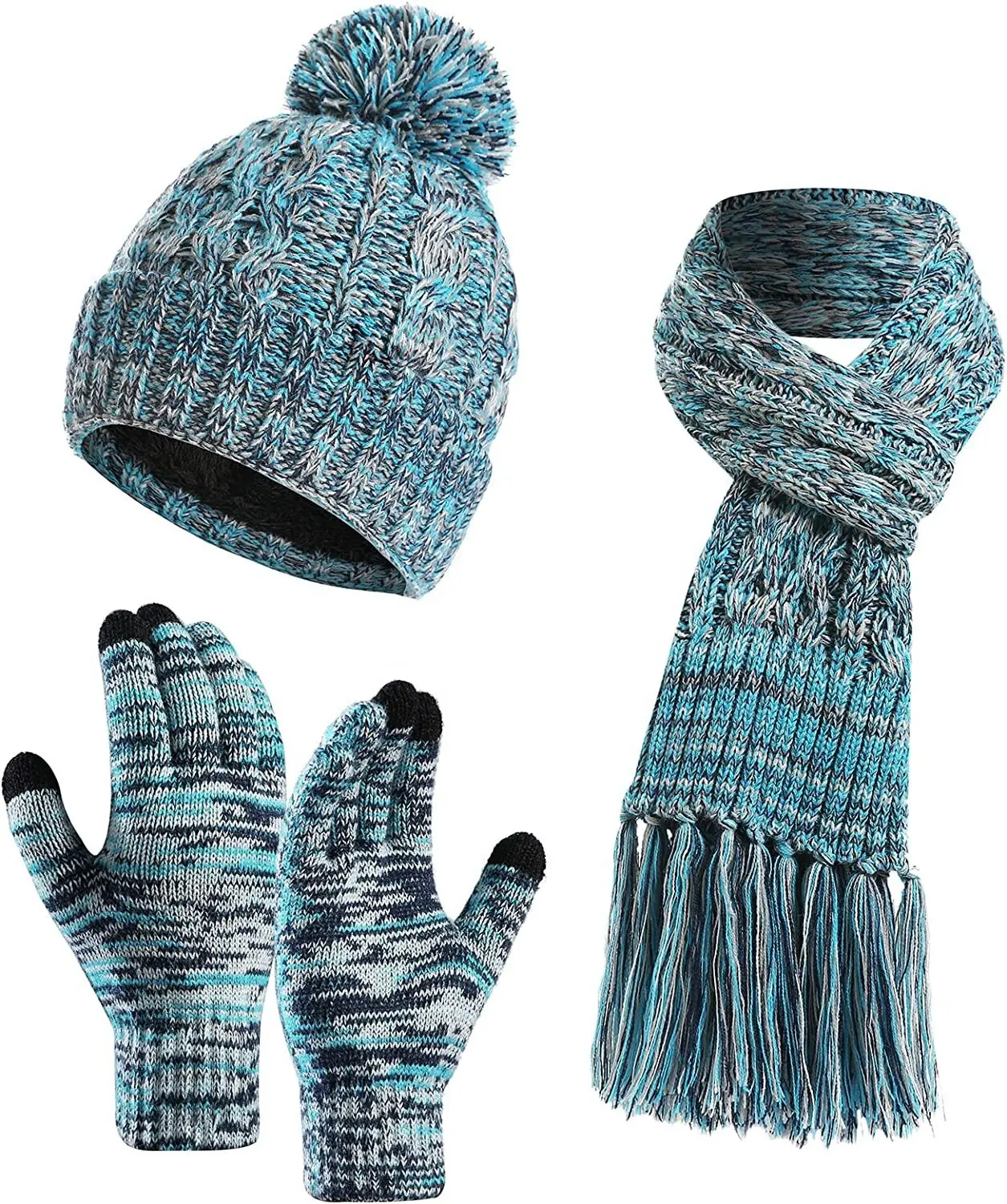 Cappello invernale personalizzato all'ingrosso, sciarpa e set di 3 pezzi per guanti