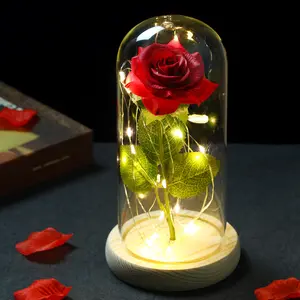 Rose Forever Love Wedding Favor Mothers Day Gifts Silk Eternal Preserved Roses Flower In Glass Dome With Led Light