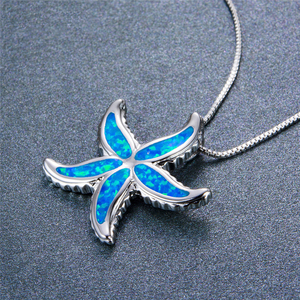 Lindo colgante de estrella de mar azul ópalo de fuego piedra estrella de mar collares para mujeres Vintage Color plata caja cadenas collar joyería de boda - Product Image 4