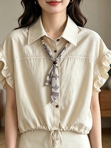 Nouvelle chemise élégante pour femme 2026 avec détail écharpe - <span class=keywords><strong>Blouse</strong></span> à manches courtes et cordon de serrage, haut court décontracté et minimaliste pour la mode - Product Image 1