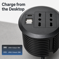 Module d'alimentation de bureau noir avec prise chilienne standard, prise encastrée ronde avec 2 prises CA, USB-A 18W, USB-C 20W pour plan de travail
