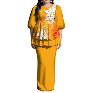 2025新到Puletasi褶边连衣裙定制萨摩亚印花粉扑袖长裙波利尼西亚背缝女士连衣裙两件套 - Product Image 2