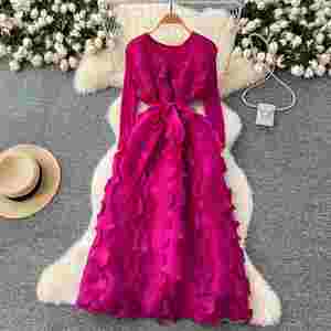 Robe midi plissée élégante à col rond et bandage pour femme, style Empire, avec dentelle 3D, collection Printemps - Product Image 3