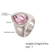 Anillo de Moda de Acero Inoxidable con Incrustaciones de Circonita Rosa en Forma de Lágrima, Anillo de Banda Ancha Pulido, Joyería para Uso Diario, Talla 7
