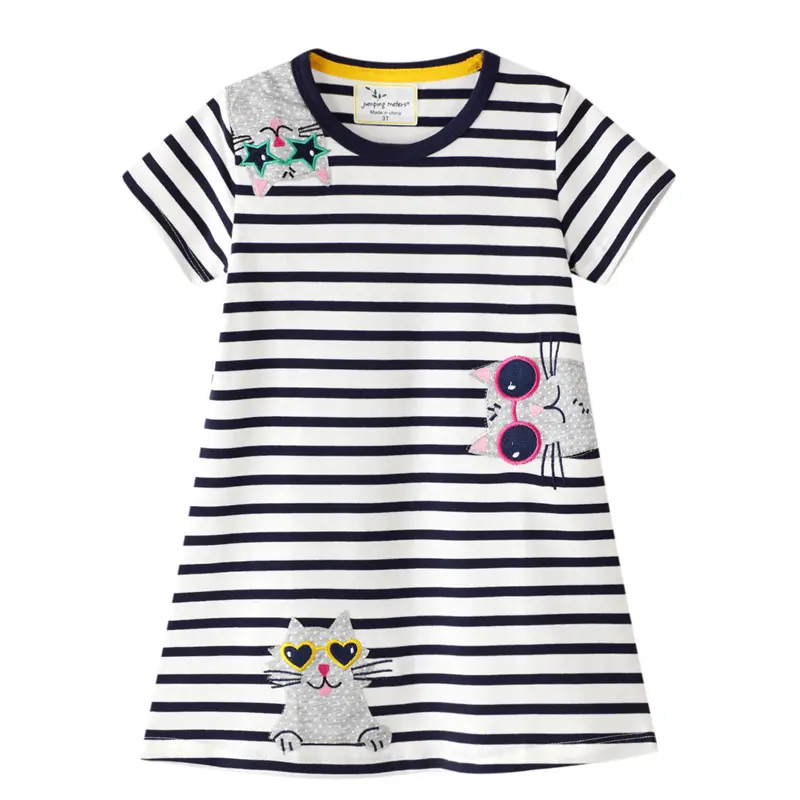 stripe cat pattern lovely pure cotton factory supply cheap price children dresses for 2-8 years
