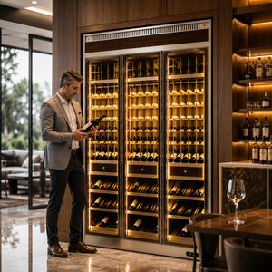 Armoire à vin moderne en acier inoxydable, vitrine à vin avec étagères inclinées et portes vitrées OEM/ODM - Product Image 2