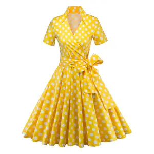1950 레트로 여성 V 넥 폴카 빈티지 드레스 점 짧은 소매 옷깃 활 드레스 벨트 숙녀