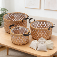 Panier de rangement en copeaux de bois pour la décoration de la maison, avec doublure imperméable, poignée en cuir, design moderne écologique, utilisation polyvalente