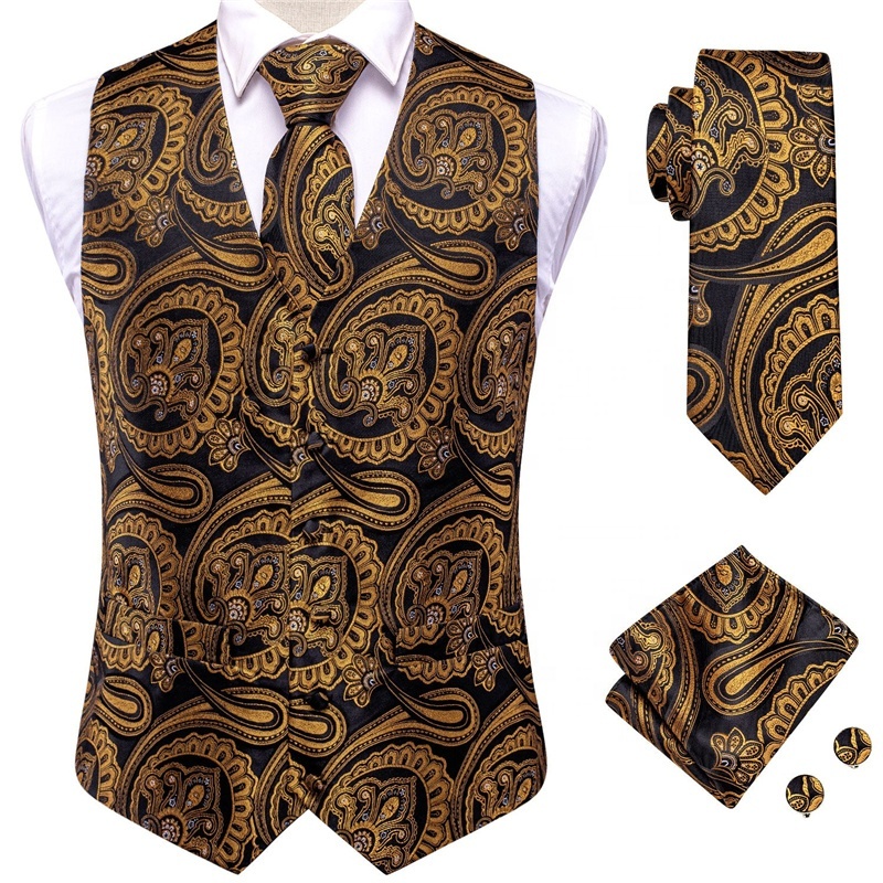 DiBanGu Men Black Green Paisley Vest and Tie Set Jacquard Silk Shawl