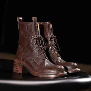 OEM ODM 100% cuero genuino retro clásico tobillo <span class=keywords><strong>botas</strong></span> altas con <span class=keywords><strong>cordones</strong></span> de punta cuadrada <span class=keywords><strong>botas</strong></span> de <span class=keywords><strong>plataforma</strong></span> para las mujeres <span class=keywords><strong>botas</strong></span> de combate - Product Image 3