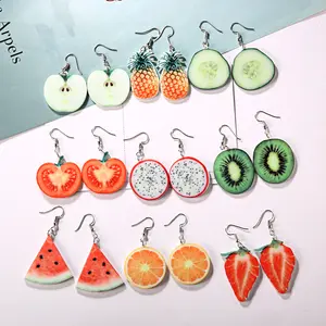 Acrylic Pineapple/Apple/Watermelon/Strawberry/Tomatoes/Kiwifruit/Pitaya/Orange/Cucumber Fruit Pedant Jewelry Drop Earrings Woman