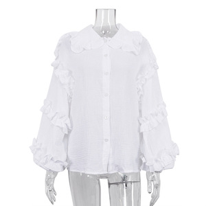 <span class=keywords><strong>Camicia</strong></span> da donna alla moda in stile coreano, primaverile, con volant, <span class=keywords><strong>maniche</strong></span> lunghe <span class=keywords><strong>a</strong></span> <span class=keywords><strong>palloncino</strong></span>, in cotone bianco - Product Image 5