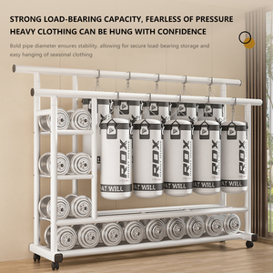 Porte-vêtements multifonctionnel en métal à double tringle CF avec étagères de rangement épaisses, support vertical sur pied pour balcon, séchoir à linge - Product Image 5