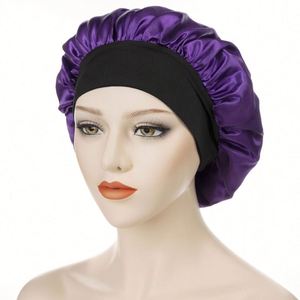 Bonnet en satin noir de 30 cm avec bordure en soie, bonnets de chimiothérapie avec large bande élastique, bonnets de nuit pour femmes - Product Image 3