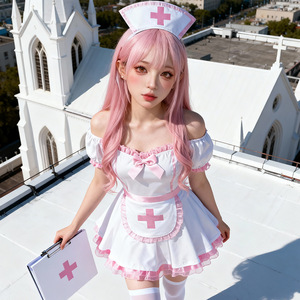 Ensemble de robe de demoiselle d'honneur Lolita, tenue de cosplay pour femmes, rose et blanc, avec tablier et chapeau - Product Image 2