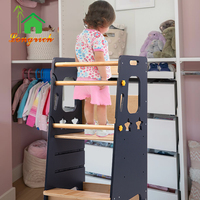 Tour d'apprentissage pliable pour enfants, Montessori, marchepied d'aide en cuisine pour tout-petits, barrières de sécurité, bois massif, design rectangulaire moderne