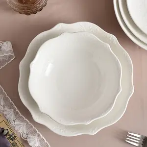 High quality Western creative relief lace ceramic dish bowl round deep plate home restaurant steak plate set LOGO custom