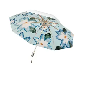 Women's Five-Fold Titanium Sier Rubber Parasol Oil Painting Fabric Sun Protection UV Umbrella for Rain Sunshine Outdoor Use