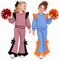 Ensemble sweat-shirt rayé et pantalon évasé pour petites filles, orange, avec volants aux épaules et nœud, coupe cloche, deux pièces, tenues d'automne