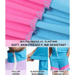 ชุดเซ็ตแทรคสูทผู้ชายสไตล์เรโทรยุค 80 แบบ 2 ชิ้น สีสันตัดกัน เสื้อแจ็คเก็ตแขนสั้นและกางเกงขาสั้น แห้งเร็ว สไตล์วินเทจ เหมาะสำหรับงานปาร์ตี้ - Product Image 4