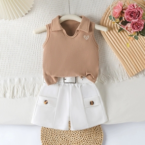Ensemble 2 pièces pour filles, haut polo sans manches côtelé avec motif cœur, short <span class=keywords><strong>cargo</strong></span> à ceinture, vêtements d'été pour bébé de 1 à 4 <span class=keywords><strong>ans</strong></span> - Product Image 1